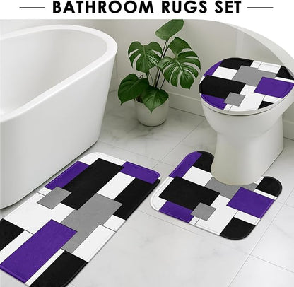 Bathroom Sets with Shower Curtain and Rugs, 4 Pcs, Geometric Purple | Abstract Modern Checkered Bathroom Decor Set with Toilet Lid Cover, Non-Slip Bath Mats and Accessories 12 Hooks