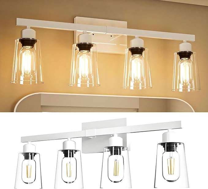 Lightdot 4 Light Bathroom Vanity Light, 26.5" White Bathroom Light Fixtures with Clear Glass Waterproof Shades, Rust-Proof Modern Vanity Lights Over Mirror for Kitchen Hallway Cabinet Porch