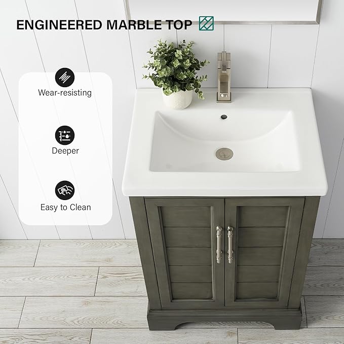 HOMEBEYOND 24 Inch Bathroom Vanity with Single Sink & Ceramic Top, Vanity Cabinet with Center Countertop Basin, Soft-Closing Doors,Sliver Grey