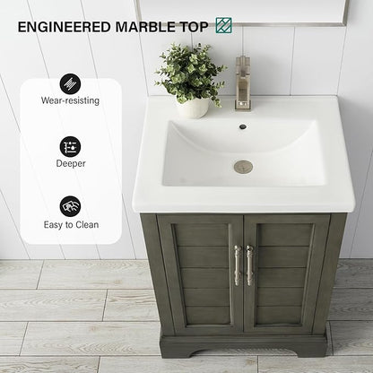 HOMEBEYOND 24 Inch Bathroom Vanity with Single Sink & Ceramic Top, Vanity Cabinet with Center Countertop Basin, Soft-Closing Doors,Sliver Grey