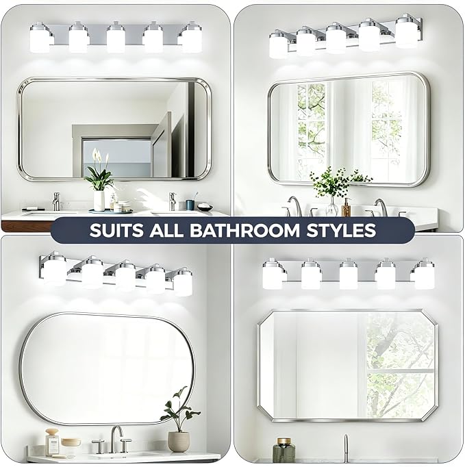 Vanity Lights for Bathroom, Farmhouse Bathroom Light Fixtures | 5-light chrome modern light fixture with milky white square glass shade, 36.5" modern bathroom lighting fixtures over mirror