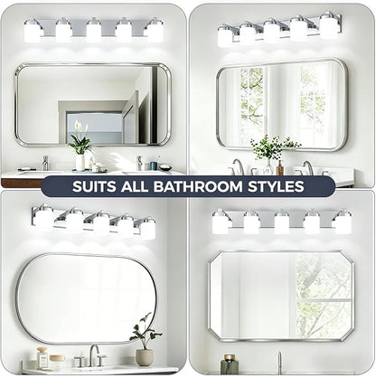 Vanity Lights for Bathroom, Farmhouse Bathroom Light Fixtures | 5-light chrome modern light fixture with milky white square glass shade, 36.5" modern bathroom lighting fixtures over mirror