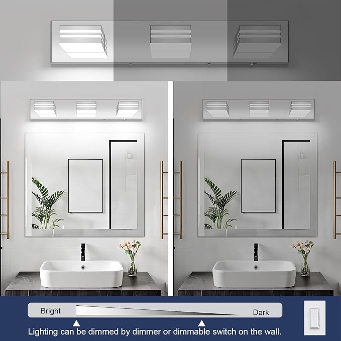 LED Modern Bathroom Vanity Light Fixtures (3-Light, 24-Inch)(5CCT, Dimmable), Chrome Modern Bathroom Wall Lighting Fixtures Over Mirror (3000K/3500K/4000K/5000K/6000K)