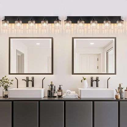 maesta Black Bathroom Light Fixture,5 Light Modern Vanity Light Over Mirror | Modern Vanity Light, Black Metal & Crystal Glass Fixture, Anti-Rust, Easy to Install for Bathroom Hallway Bedroom Entryway