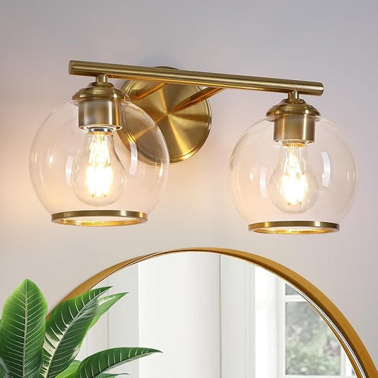 Brushed Gold Bathroom Vanity Light Over Mirror, 2 Light Bathroom Light Fixtures with Clear Globe Glass Shade, Modern Vanity Lighting Wall Mounted