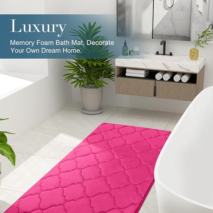 OLANLY Memory Foam Bath Mat Rug 47x32, Ultra Soft and Absorbent Bathroom Rugs, Non-Slip, Comfortable, Machine Washable Bath Carpet for Bathroom Floor, Tub, Shower and Home Decor Accessories, Deep Pink