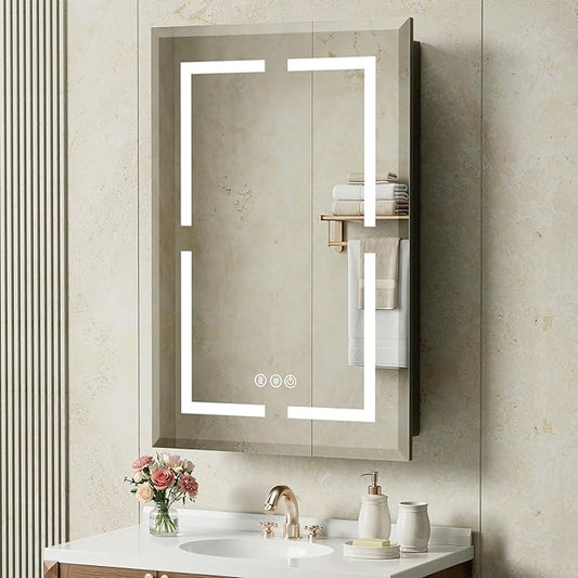 20"X30" Bathroom Medicine Cabinet with Mirror, LED Lighted Medicine Cabinet with Anti-Fog, 3 Colors Temperature Stepless Dimmable, Metal Cabinet for Storage and Mordern Decor, Black