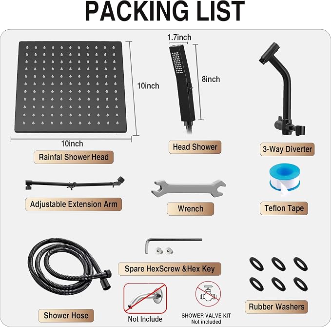 All Metal 10 Inch Rain Shower Head with Handheld Built-in Power Wash Mode, High Pressure Waterfall Rainfall Square Shower Heads with 16" Adjustable Extension Arm, Dual Showerhead, Matte Black