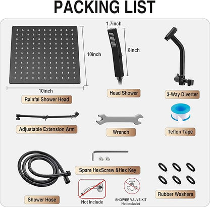 All Metal 10 Inch Rain Shower Head with Handheld Built-in Power Wash Mode, High Pressure Waterfall Rainfall Square Shower Heads with 16" Adjustable Extension Arm, Dual Showerhead, Matte Black