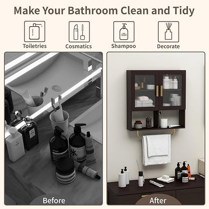 Wall Mounted Bathroom Storage Cabinet Medicine Cabinet with Acrylic Doors & Towel Bar Adjustable Shelves for Bathroom, Laundry Room, Bedroom, Enterway