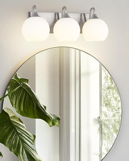 Emak 3-Light Bathroom Vanity Light, Modern Brushed Nickel Bathroom Light Fixtures Over Mirror with Milk Glass Shade, Globe Vanity Lights for Mirror, Bath, VL118-BN-ML-3