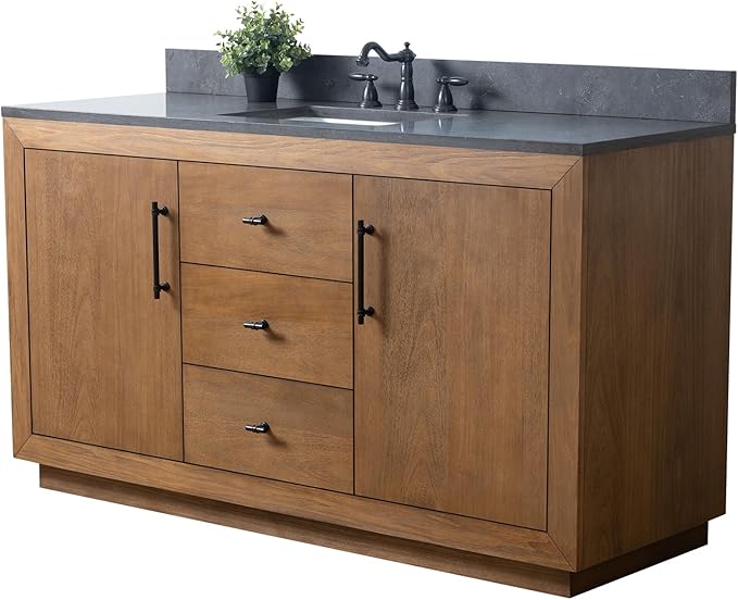 Vanity Art 60" Bathroom Vanity with Sink, Vanity Cabinet with Doors and Shelf, Modern Wood Bathroom Vanity with Black Marble Top, Solid Wood Frame, 3 Functioning Drawers,VA70-60-ST-B