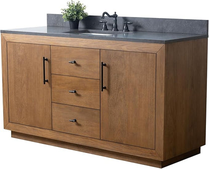 Vanity Art 60" Bathroom Vanity with Sink, Vanity Cabinet with Doors and Shelf, Modern Wood Bathroom Vanity with Black Marble Top, Solid Wood Frame, 3 Functioning Drawers,VA70-60-ST-B