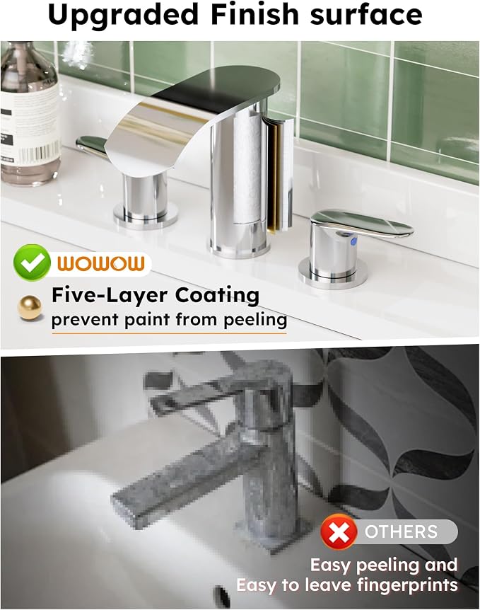 WOWOW Bathroom Faucets 3 Hole: Chrome 8 Inch Widespread Bathroom Sink Faucet Waterfall Spout, with Pop Up Drain and Water Supply, Suitable for Vanity Rv Commercial Lavatory Restroom