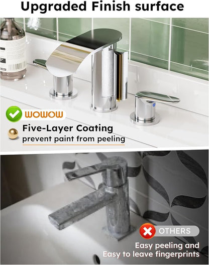 WOWOW Bathroom Faucets 3 Hole: Chrome 8 Inch Widespread Bathroom Sink Faucet Waterfall Spout, with Pop Up Drain and Water Supply, Suitable for Vanity Rv Commercial Lavatory Restroom