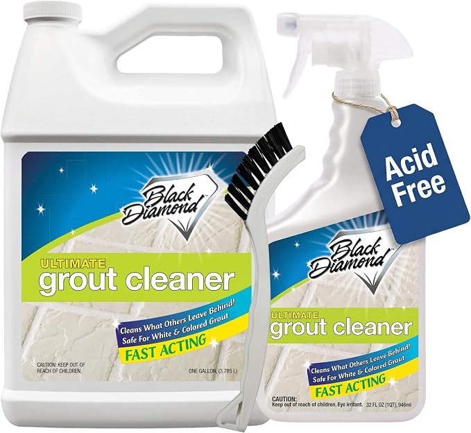Ultimate Grout Cleaner for Tile Floors — Acid-Free Deep Cleaner Removes Grease, Dirt & Soap Scum Without Damaging Grout — Safe for Marble and All Natural Stone (1-Qt/1-G/ W/brush)