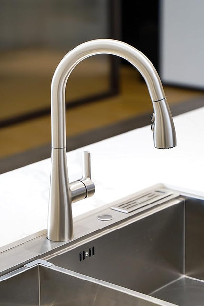 Amazon Basics Pull-Down Sprayer Kitchen Faucet with Fast Mount, 2 Spray Mode, Spot-Free Stainless Finish, Easy Installation, 1-Pack