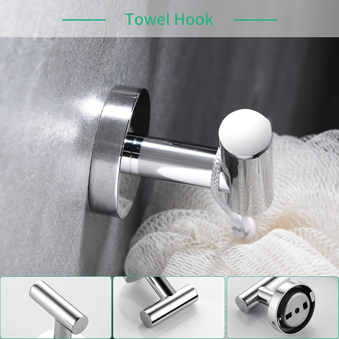 Miyili 4-Pieces Polished Stainless Steel Bathroom Hardware Set Wall Mounted - Includes 24" Towel Bar, Toilet Paper Holder, 2X Robe Hooks, BS01C4B