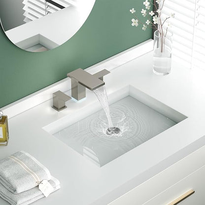 Hoimpro LED Bathroom Faucet 3 Hole Brushed Nickel Waterfall Sink Faucet 8 Inch Widespread Modern Vanity 2 Handle Wide Spread Bath Fixture Light Changing with Pop Up Drain Touch On Three Hole 3 Piece