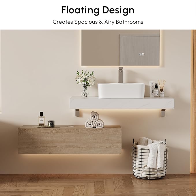 homary 35'' Floating Bathroom Vanity with Sintered Stone Countertop, Wall-Mounted Bathroom Cabinet with Ceramic Sink & Drawer Storage, Waterproof Modern Single Vanity, Natural