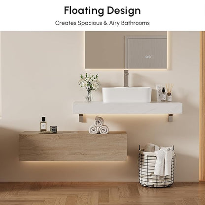 homary 35'' Floating Bathroom Vanity with Sintered Stone Countertop, Wall-Mounted Bathroom Cabinet with Ceramic Sink & Drawer Storage, Waterproof Modern Single Vanity, Natural