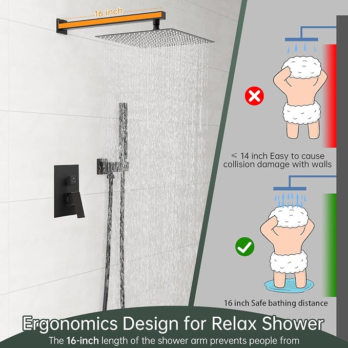 Hoimpro 12'' Rain Shower Head Shower Faucet Set with Handheld Sprayer Black | Stainless Steel Rainfall Shower Head, Shower System Fixture Combo, Square, High Pressure Vlave Trim Kit, Wall Mounted, Matte