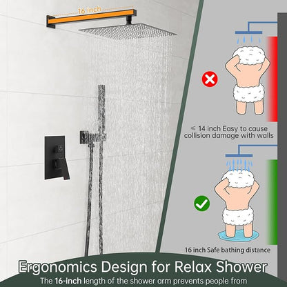 Hoimpro 12'' Rain Shower Head Shower Faucet Set with Handheld Sprayer Black | Stainless Steel Rainfall Shower Head, Shower System Fixture Combo, Square, High Pressure Vlave Trim Kit, Wall Mounted, Matte