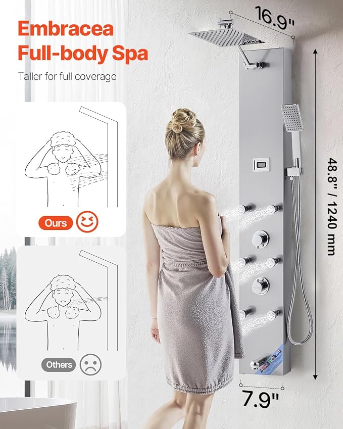 VEVOR Shower Panel Tower System with Rainfall Shower Head, LED, 49 in Brushed Stainless Steel Shower Column, 4-Function Faucet, Wall-Mount Rain Massage System with 6 Body Jets, Handheld, and Tub Spout