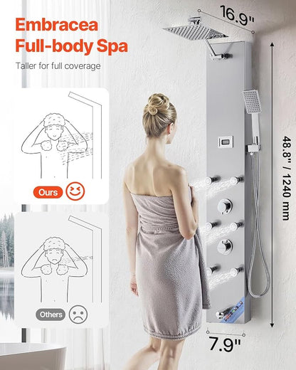VEVOR Shower Panel Tower System with Rainfall Shower Head, LED, 49 in Brushed Stainless Steel Shower Column, 4-Function Faucet, Wall-Mount Rain Massage System with 6 Body Jets, Handheld, and Tub Spout