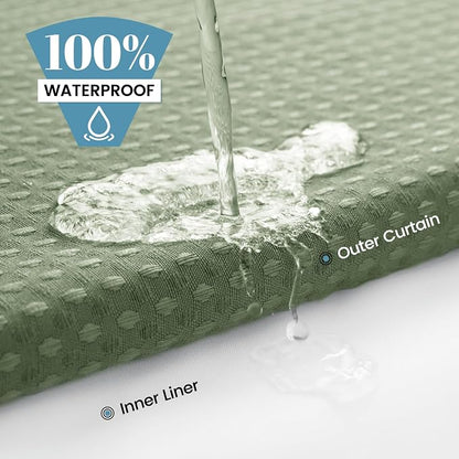 SORTTO No Hook Shower Curtain with Snap in Liner Set Waffle Shower Curtain for Bathroom Hotel Style Fabric Waterproof Inner Liner，71" W x 74" H, Sage Green