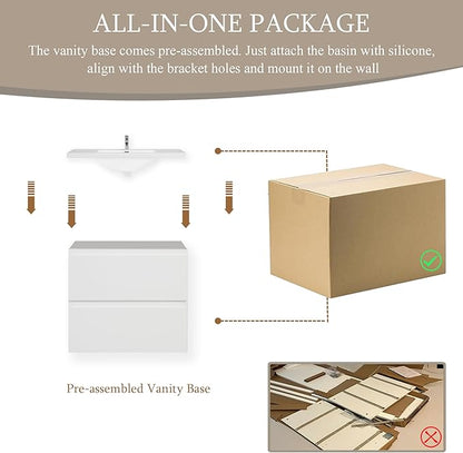 Floating Bathroom Vanity with Sink, 24" Wall-Mounted Bathroom Storage Vanity Cabinet with Resin Top Basin and Soft Close Drawers, No Assembly Required, Glossy White