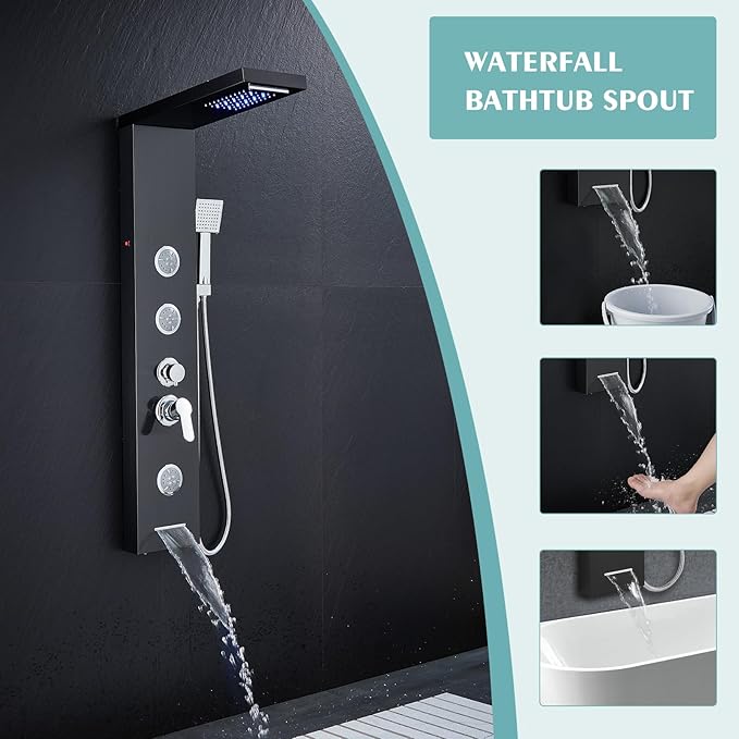 LED Shower Panel Tower System, 6-in-1 Shower Tower with Rainfall Waterfall Shower Head, 2 Modes Powerful Body Jets, Handheld Shower and Tub Spout, Stainless Steel Shower Column, Black