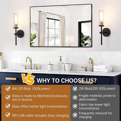 Shenmoyl Set of 2 Wall Sconces, 5200 mAh Battery Operated Wall Sconce with 3 Colors & Remote Control, Black Gold Rechargeable Wall Lamp with Clear Glass Shade for Bedroom, Bathroom, Stairwell, Hallway