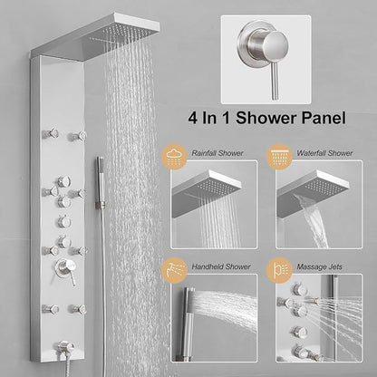 Shower Panel Tower System, 4 in 1 Stainless Steel Rainfall Shower Panels with 4-Functions, 8 Body Massage Jets, Handheld Head, Wall Mounted Brushed Nickel