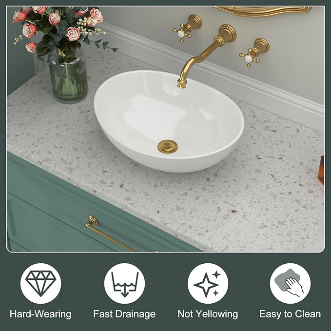 Oval Bathroom Vessel Sink - 16 x 13 inch Small Vessel Sink White Porcelain Ceramic RV Tiny Sink Above Counter Modern Egg Shape Art Sink