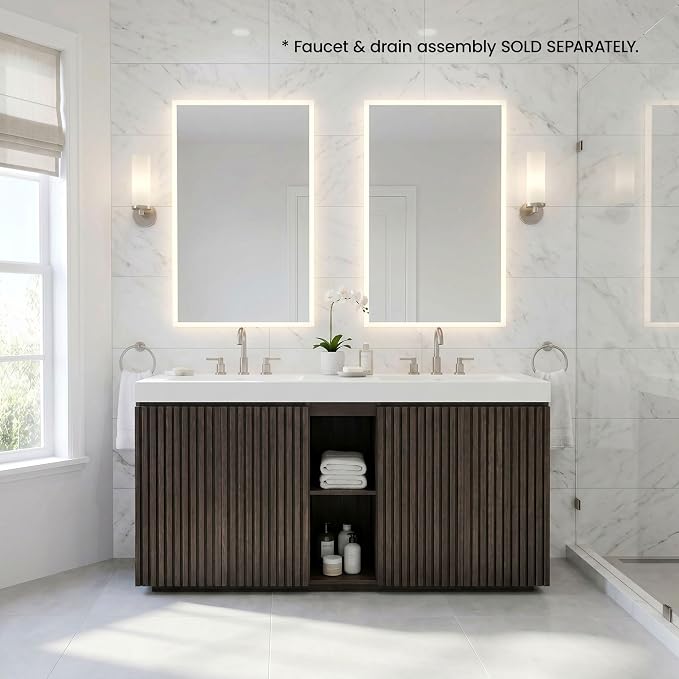 60" Double Bathroom Vanity with Sink (8" Widespread Faucet Holes Predrilled), Mid Century Modern Bathroom Cabinet with 4 Doors & Shelves, White Integrated Sink with Overflow, Dark Oak