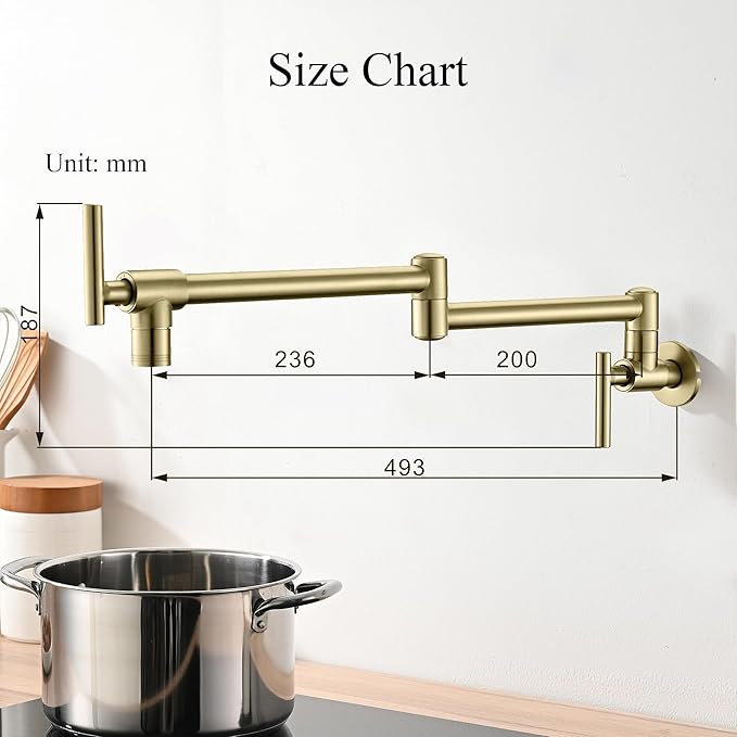 Pot Filler Faucet Wall Mount - 3 Spray Modes, Double Joint Swing Arm, Retractable Space-Saving Design - Leak-Free High Flow Brass Faucet for Kitchen Sink & Stove - Brushed Gold