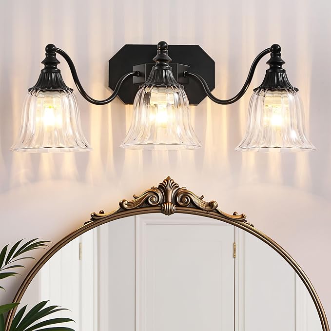 Black Vintage Bathroom Vanity Light Fixture, 3-Light Vanity Light for Bathroom, Antique Matte Black Finish with Crystal Glass Shade, Lighting Fixtures Over Mirror for Bedroom Living Room