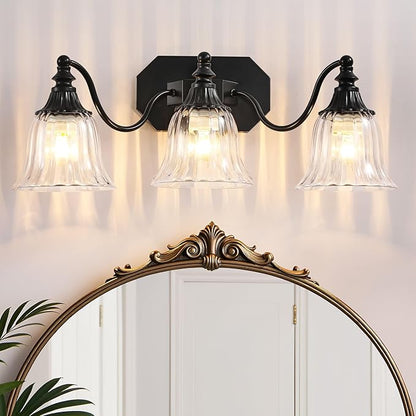 Black Vintage Bathroom Vanity Light Fixture, 3-Light Vanity Light for Bathroom, Antique Matte Black Finish with Crystal Glass Shade, Lighting Fixtures Over Mirror for Bedroom Living Room