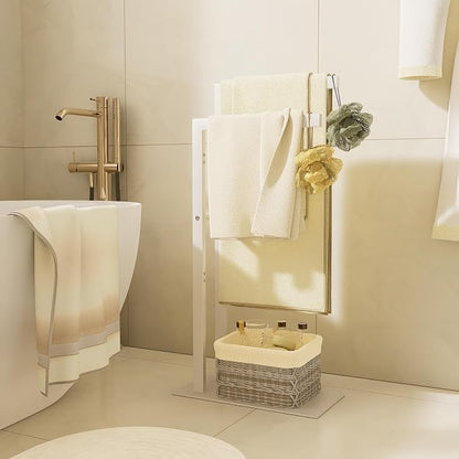 Yawinhe 2 Tier Free Standing Towel Rack,31.5in Towel Drying Rack,White | Blanket Holder with Marble Base;Tall Towel Drying Rack Outdoor; Metal Towel Stand for Bathrooms;Hand Holder for Bathroom