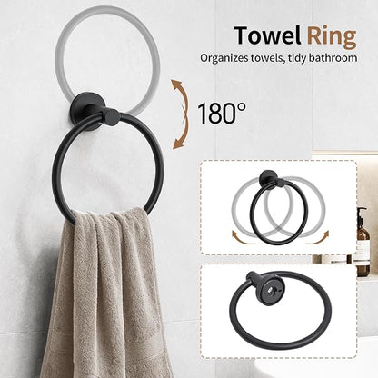 Wall Mounted Matte Black Bathroom Hardware Accessories Set, 5 Piece Complete Kit Including 23.6 Inch Towel Bar, Toilet Paper Holder, Towel Ring and Robe Hooks