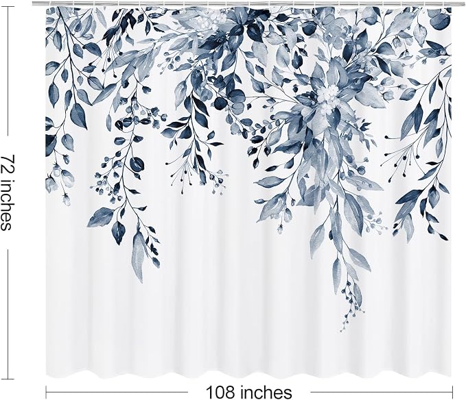 Navy Eucalyptus Shower Curtain, Watercolor Floral Print, 108x72 | Watercolor Plant Leaves Floral Print, Waterproof Fabric Bathroom Decor, Machine Washable, Rustproof Grommets