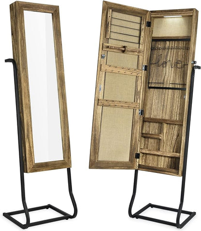SRIWATANA Jewelry Armoire Cabinet, Solid Wood Standing Jewelry Organizer with Full Length Mirror (Carbonized Black) | Free-Standing Jewelry Armoire; Large Capacity Mirror Organizer with Lockable Door & Sturdy Base