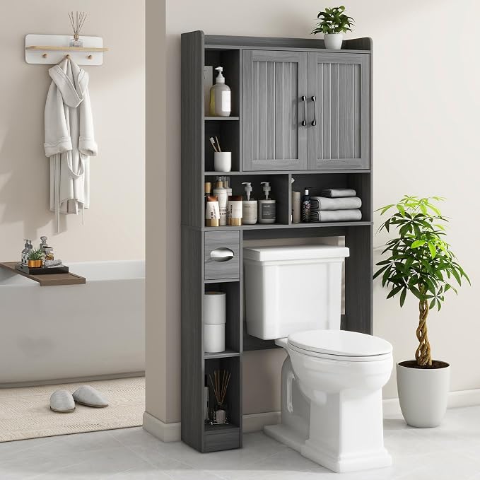 Vabches Farmhouse Over The Toilet Storage Cabinet with Barn Door, Wash Grey | Storage Cabinet Over Toilet, Home Space-Saving Toilet Rack, for Bathroom, Restroom, Laundry