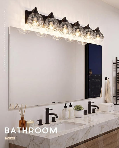 6-Light Black Bathroom Vanity Light, Hammered Glass Globe Shade | 38 Inch matte black modern bathroom light fixture over mirror, UL listed, E26 bulbs, hardwired, upward only, VL200-MB-CL-6