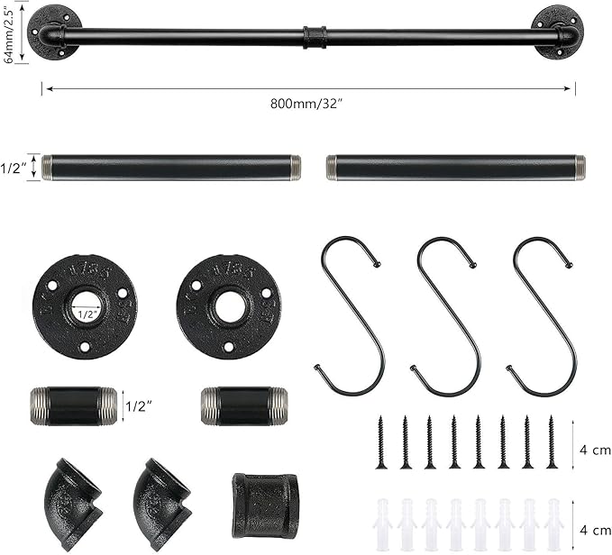 Industrial Pipe Towel Rack Towel Bar, Heavy Duty Wall Mounted Rustic Farmhouse Bath Towel Holder for Bathroom (Black, 32 inch)