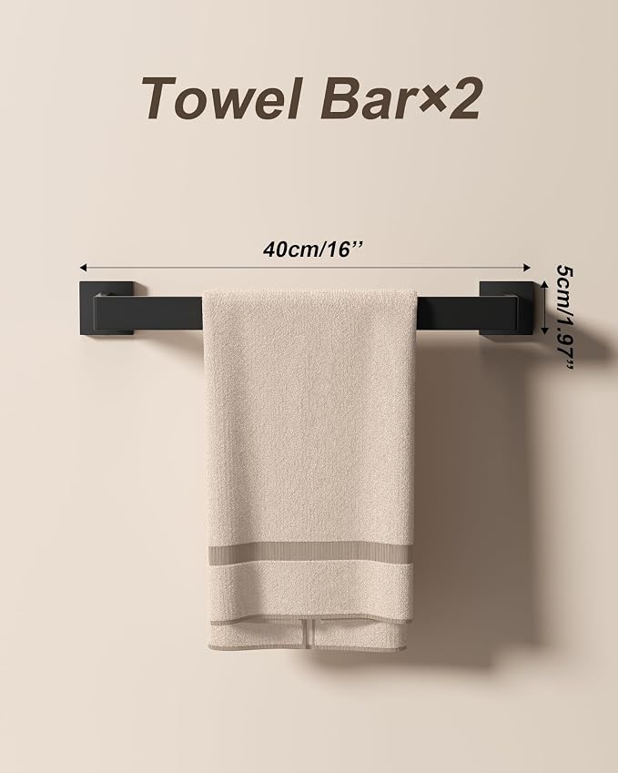 10-Piece Square Bathroom Hardware Set 24" Towel Bar X2, Toilet Paper Holders with Shelves X2, Towel Hooks X4, 2X Towel Rings X2 Bathroom Accessories (Matte Black-16inch)