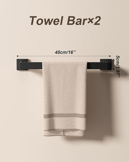 10-Piece Square Bathroom Hardware Set 24" Towel Bar X2, Toilet Paper Holders with Shelves X2, Towel Hooks X4, 2X Towel Rings X2 Bathroom Accessories (Matte Black-16inch)