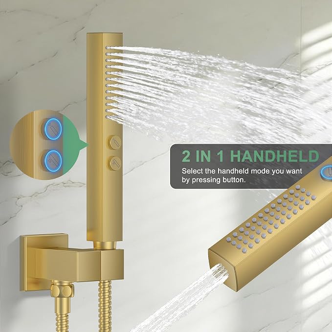 Rain Shower System with Rough-in Valve, Ceiling Mount Shower Faucet Set with 12" & 6" Dual Rain Shower Heads, 2-in-1 Handheld Shower, Tub Spout, 4-Function Complete Shower Fixture,Brushed Gold