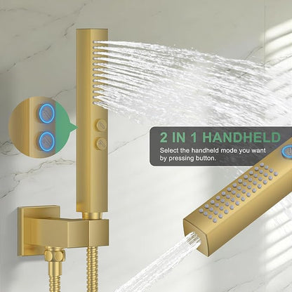 Rain Shower System with Rough-in Valve, Ceiling Mount Shower Faucet Set with 12" & 6" Dual Rain Shower Heads, 2-in-1 Handheld Shower, Tub Spout, 4-Function Complete Shower Fixture,Brushed Gold